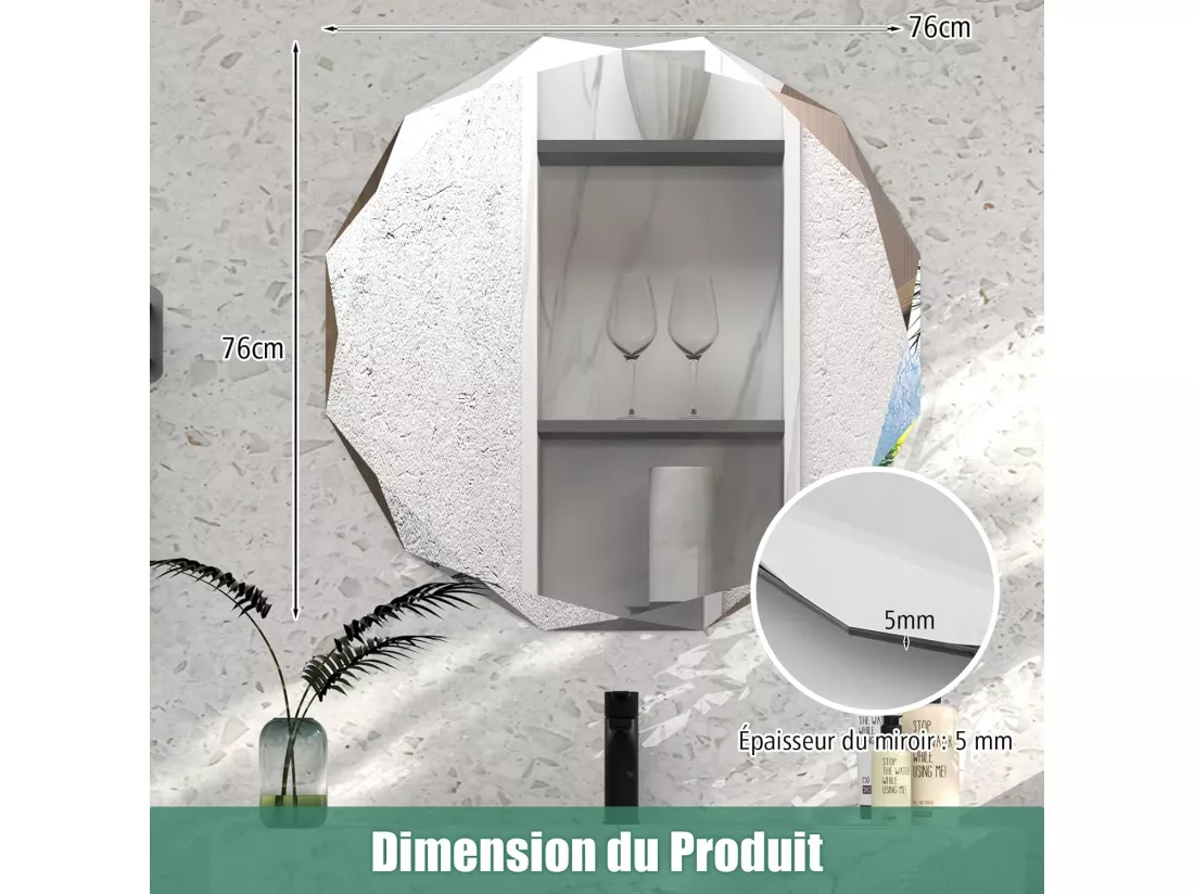 Miroir de salle de bain antidéflagrant, miroir avec bords biseautés uniques, 76 x 76 cm