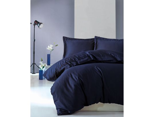 CONCEPT1 - Parure de lit housse de couette Elegant 240x220cm + 2 taies 60x60 satin bleu foncé