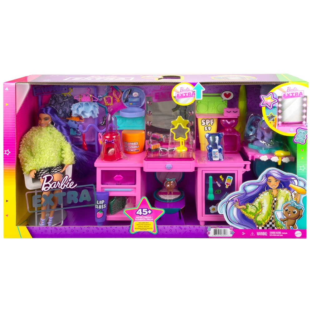 Barbie Extra Puppe und Schminktisch-Spielset mit 45 Accessoires