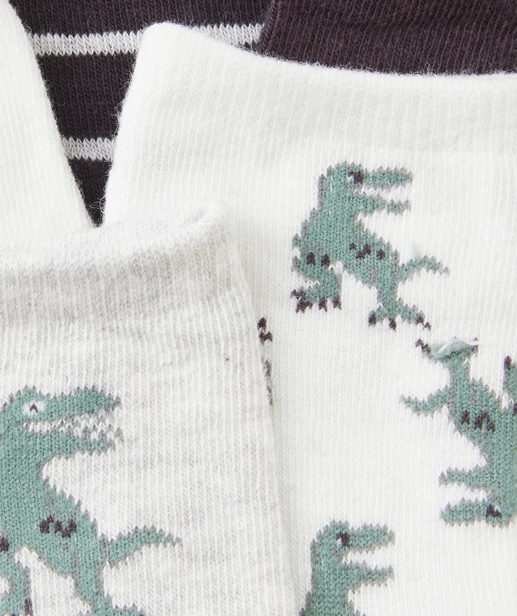 LOT DE 5 CHAUSSETTES GARÇON BLANCHES ET NOIRES THÈME DES DINOSAURES