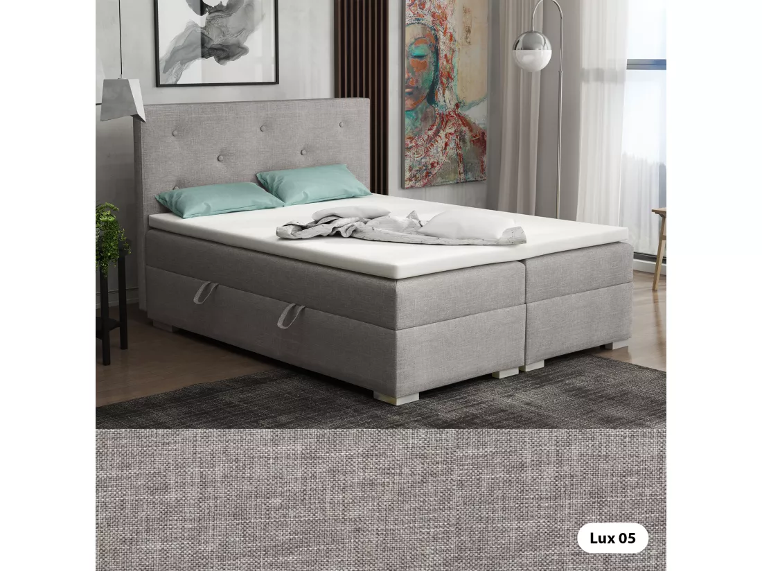 Lit Boxspring avec tiroirs de lit, Coffre de lit Topper Atlanta 140x200 cm, Lux 05 (Gris clair)