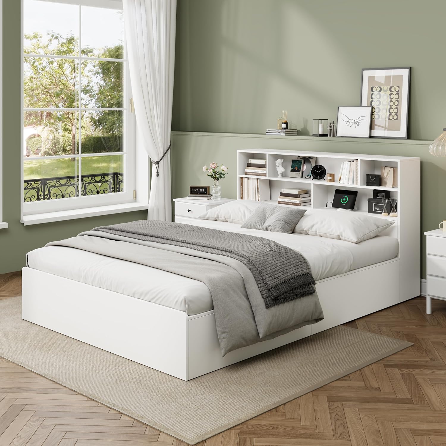 okwish Holzbett Jugendbett Flachbett 140x200 cm Doppelbett, Funktionsbett mit USB Typ-C, Bett mit Stauraum - Stauraumbett mit Schubladen & Bettkasten, Weiß (ohne Matratze)