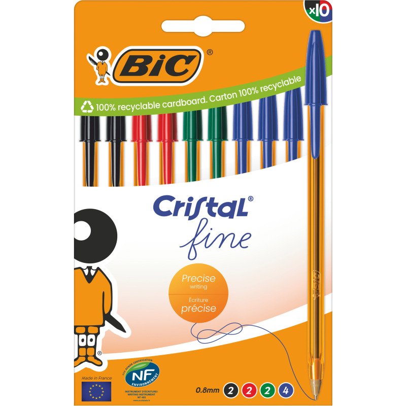 Stylo bille Bic Cristal Original Fine écriture extra-fine - Pochette de 10 couleurs classiques