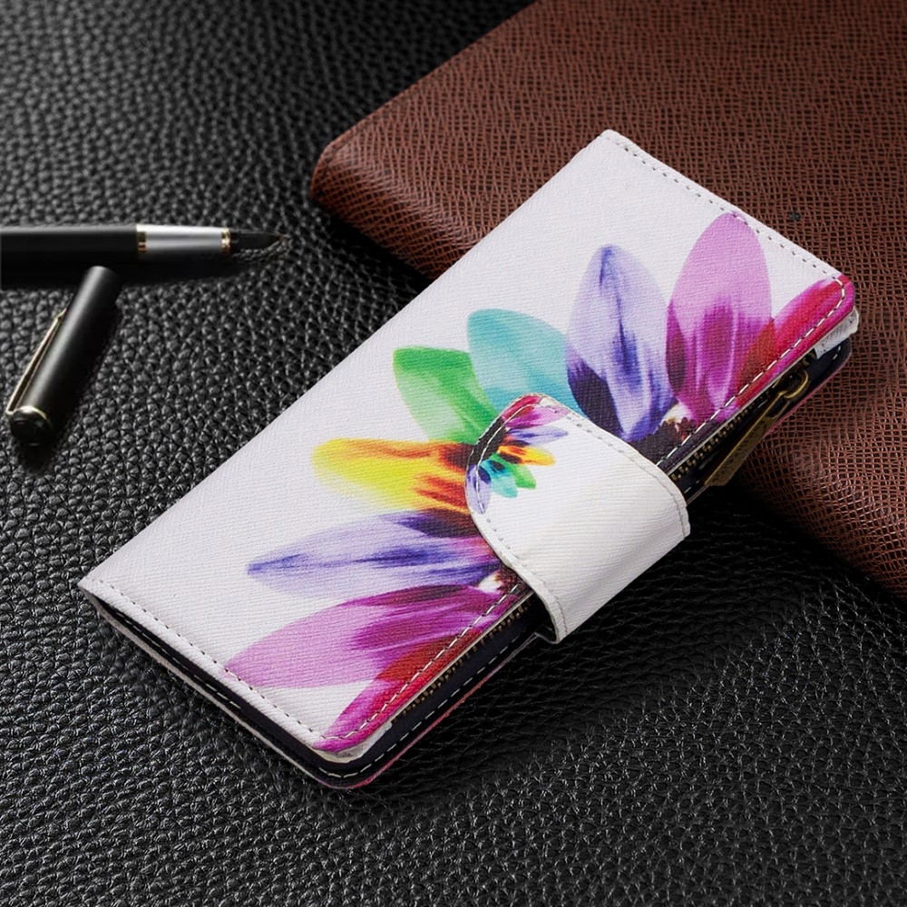 iPhone 12 / iPhone 12 Pro Leder Wallet Etui Tasche mit 9 Kartenfächern   Münzfach - Sonnenblume