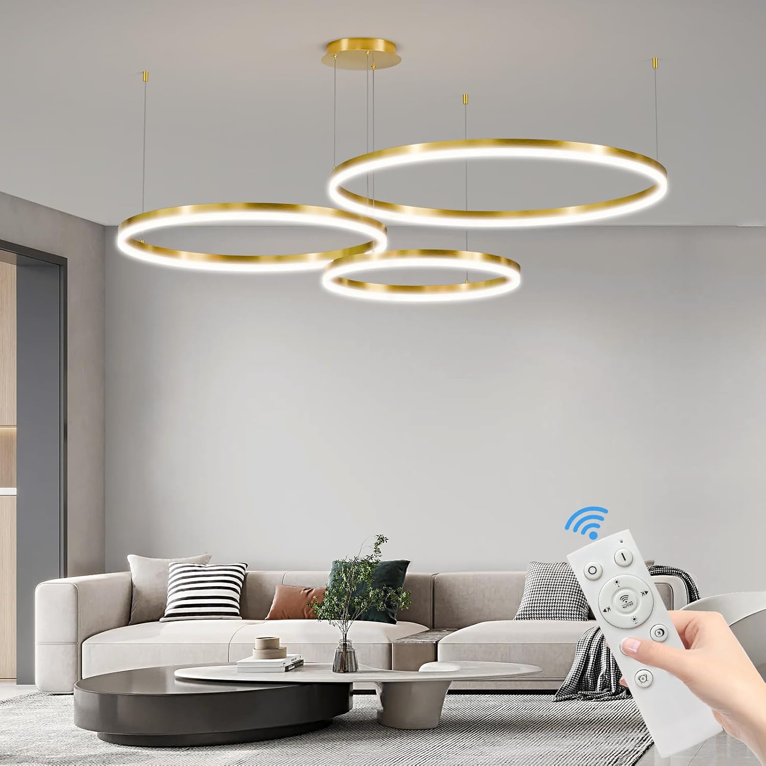 Mikeru Led Pendelleuchte, Gold Wohnzimmerlampe ø40+60+80cm Verstellbare Runde Pendellampe, 85w 3-Ring Kreisförmige Led Hängelampe Mit Memory-Funktion 10%-100% Dimmbarer Kronleuchter Kücheninsel