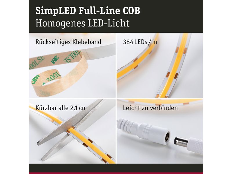 Paulmann LED-Stripe SimpLED Strip Set COB, 3000 K, 3 m, Wei LED Strip Full-Line COB Komplettset