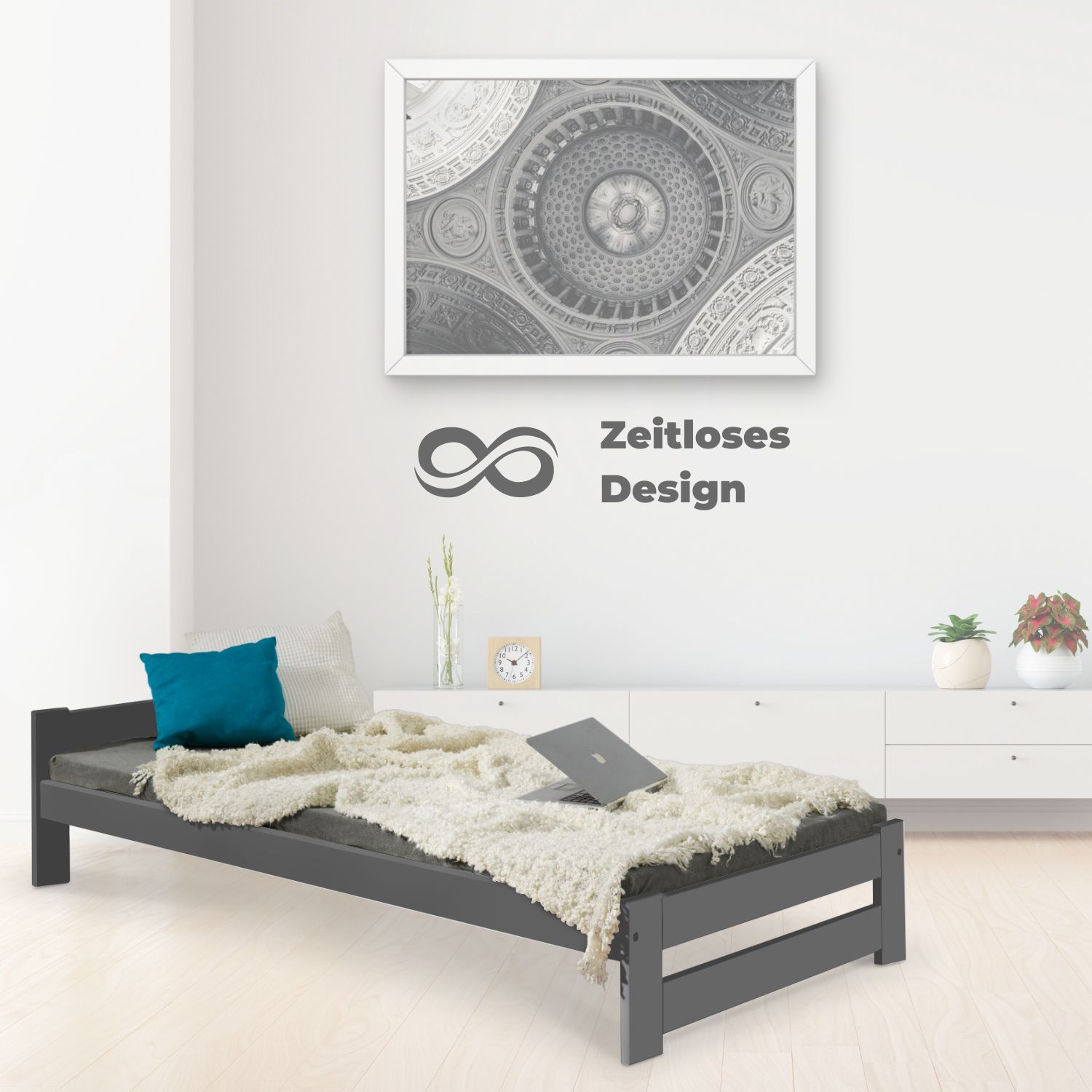 Coemo Bett Classico Holzbett Bettgestell Lattenrost Massivholz Kiefer 100x200cm anthrazit