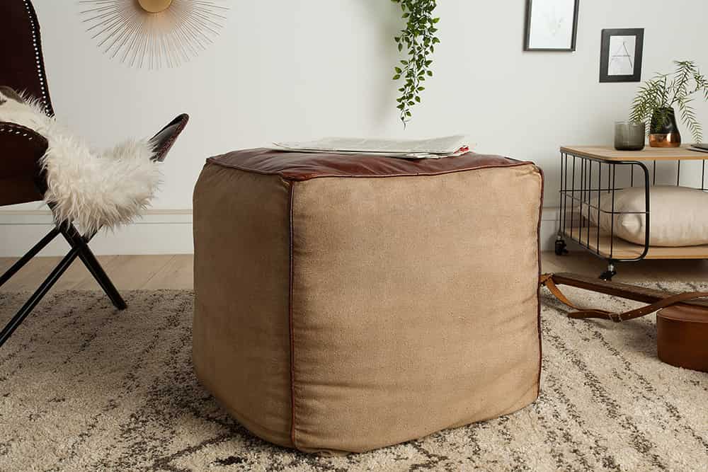 Retro Sitzpouf MUSTANG 45cm Lederbezug mit Leinen Sitzwürfel
