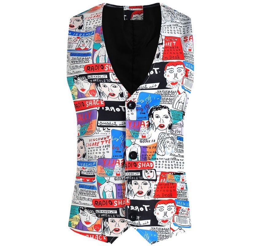 Sheck - Cartoon Print Single-Button Blazer / Vest / Rechte Broek / Set