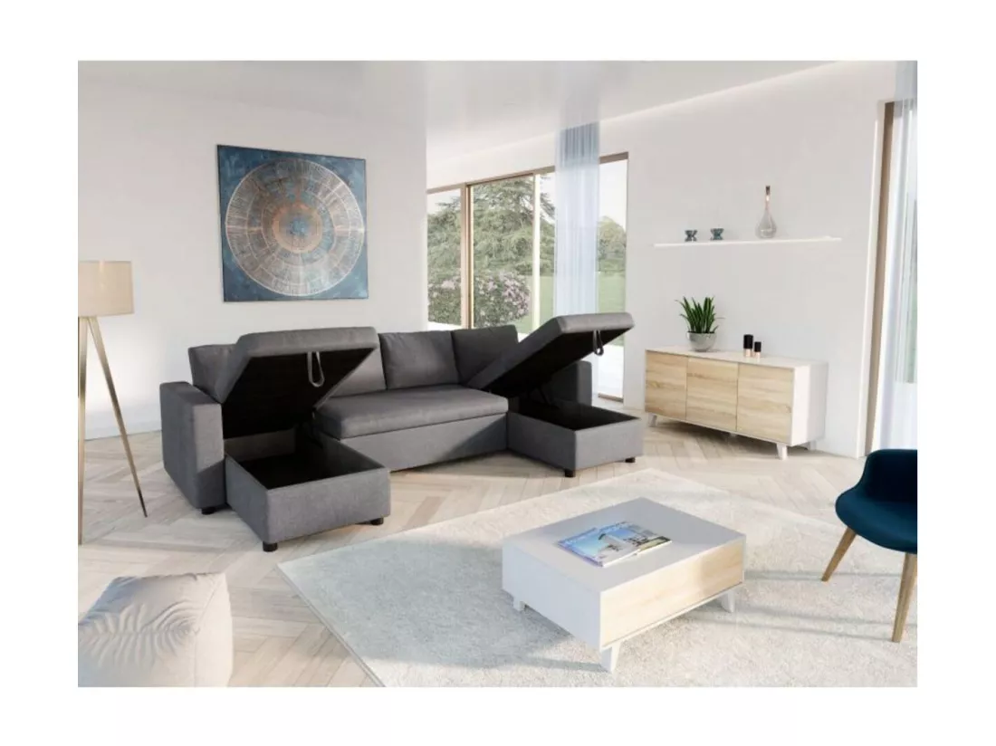 Canapé Panoramique Convertible avec 2 Coffres en Tissu