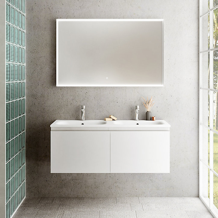 Meuble sous vasque à suspendre Pura blanc 120 cm + plan double vasque en résine blanc mat