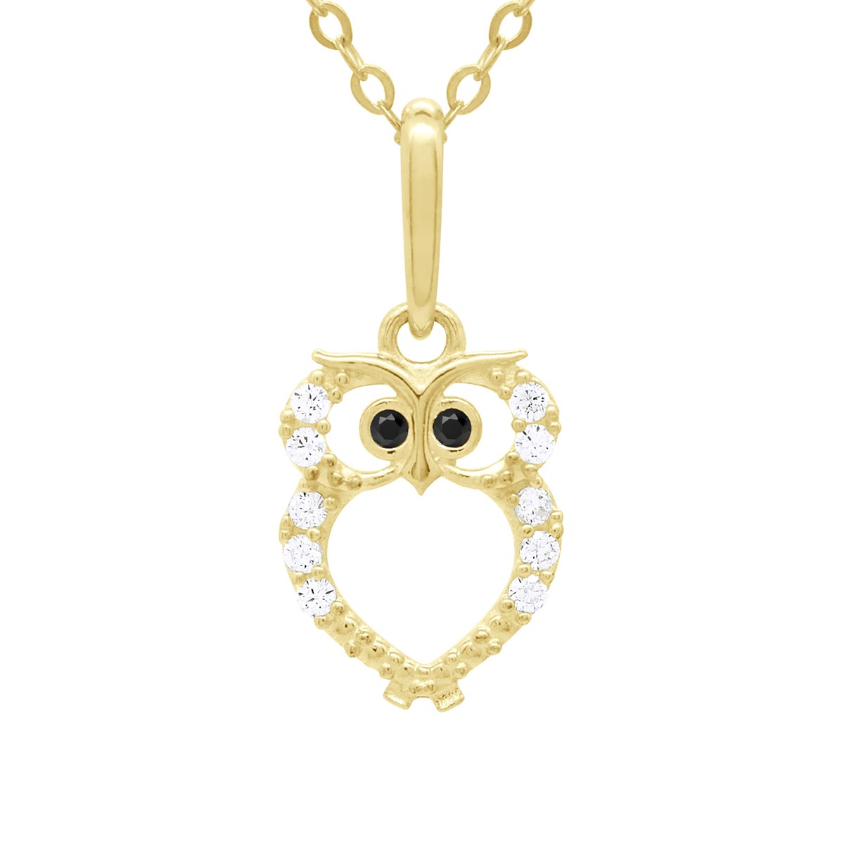 Collier - Ornées d'un Pendentif Chouette serti d'Oxydes de Zirconium Blancs et Noirs - Or Jaune