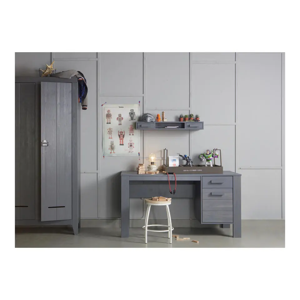 WOOOD Dennis Bureau - Grenen Geborsteld - Staal Grijs - 74x141x59