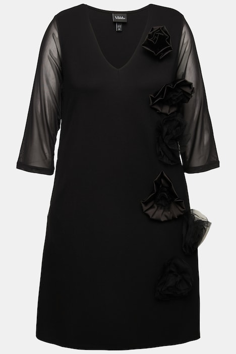 Jerseykleid, 3D-Blüten, V-Ausschnitt, 3/4-Arm, Taschen