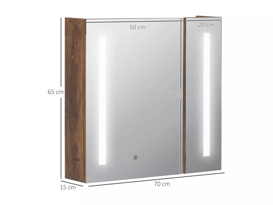 Miroir lumineux LED armoire murale design de salle de bain 2 en 1 dim. 70L x 15l x 65H cm MDF aspect bois