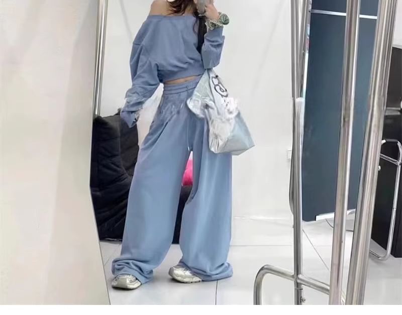 Bolgivy - Set: Cold Shoulder Plain Crop Sweatshirt + Drawstring Waist Plain Wide Leg Sweatpants