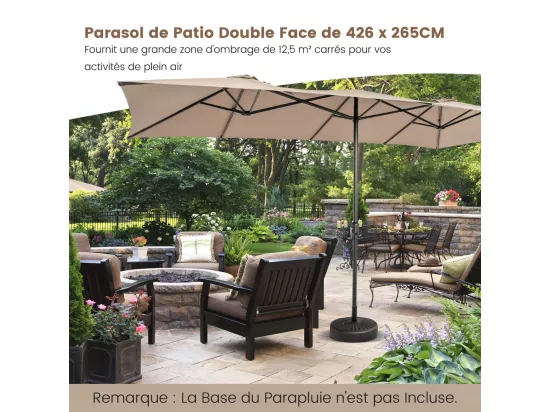 Parasol de Jardin Double XXL 426 x 265cm Poignée à Manivelle,Sommet Ventilé Polyester Structure Métallique à 10 Côtes Café