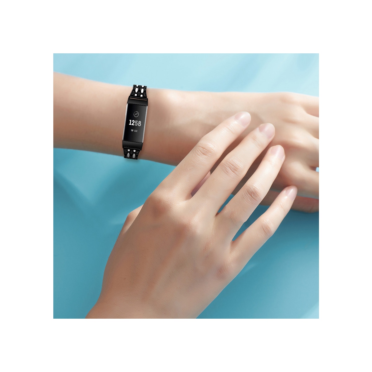 Fitbit Charge 3/4 metallarmbånd med rhinestones Black/Crystal