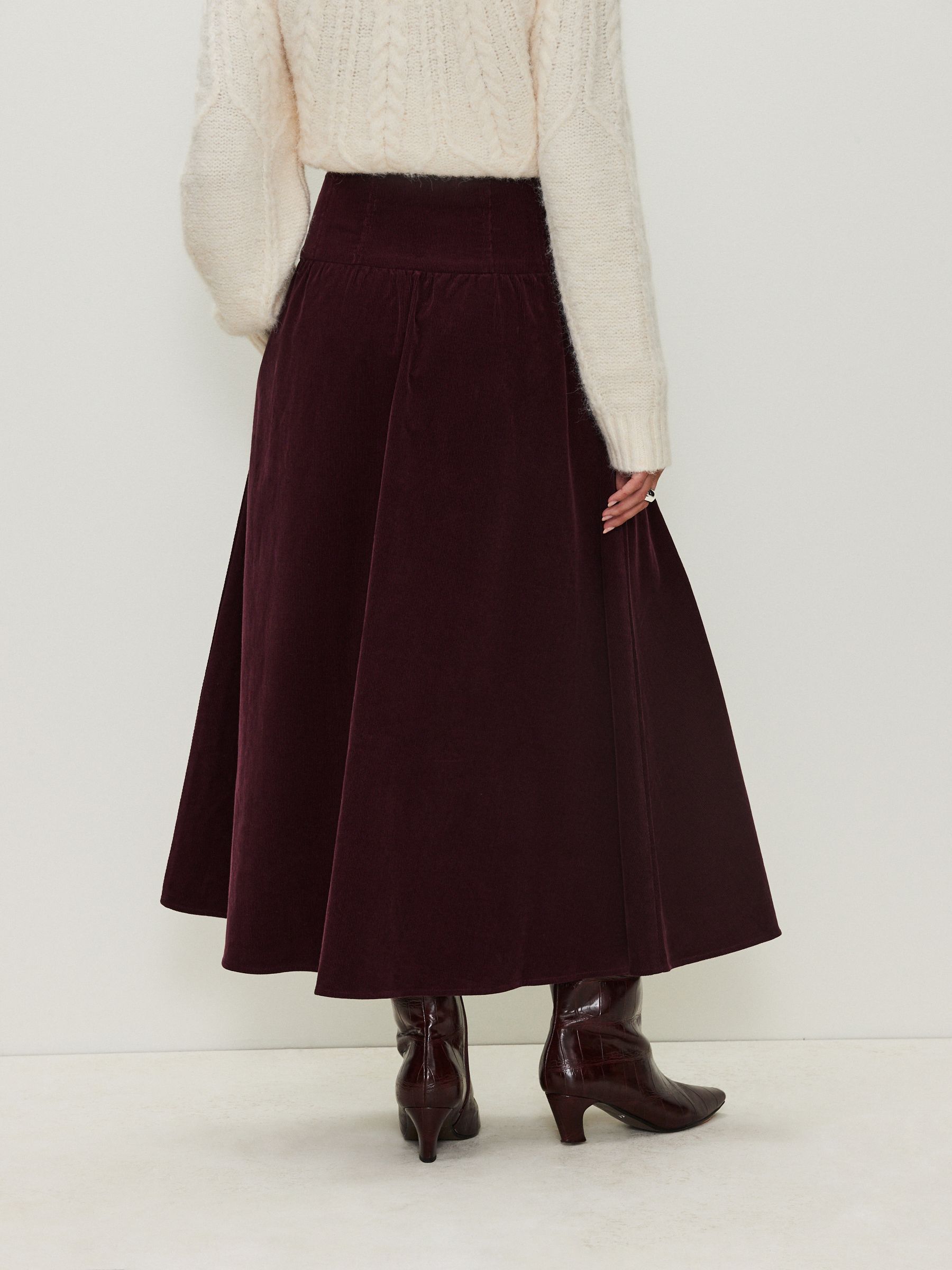 Bordeauxrood - Midi rok van corduroy met verlaagde taille