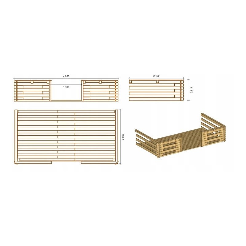 Abri de jardin en bois - 4x3 m - 20 m2 + terrasse avec balustrade et avant-toit en bois