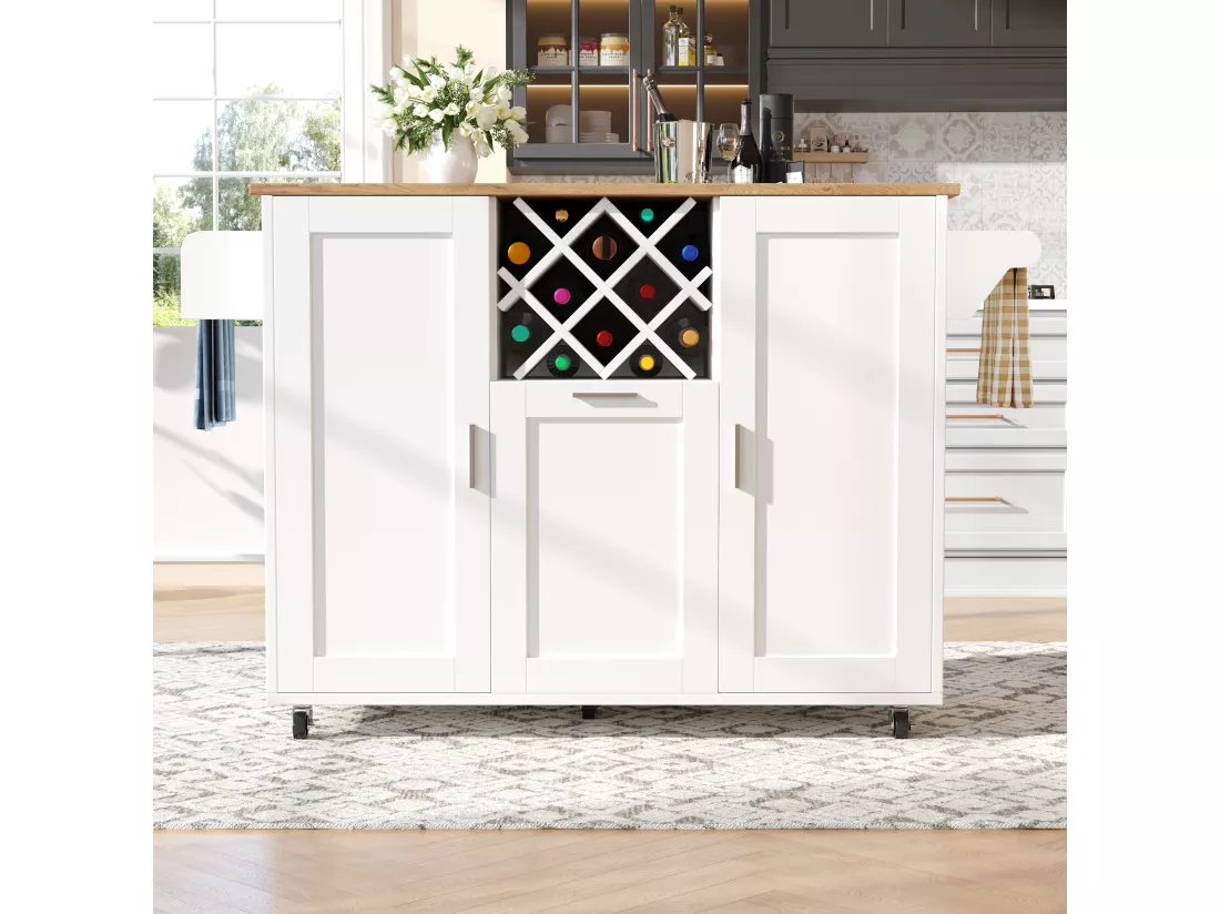 Ilot central de cuisine mobile avec 3 portes et 12 Porte-Bouteilles - Plateau extensible - 183x43(76)x92cm - Bois MDF - Blanc et naturel
