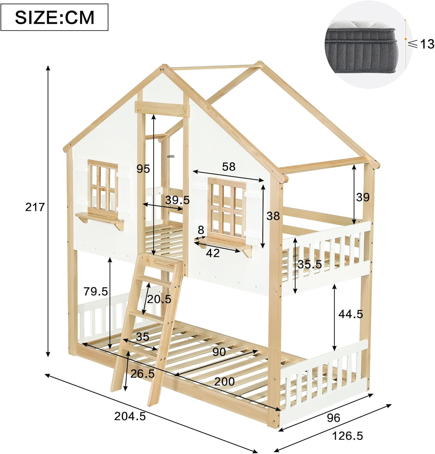 Etagenbett Kinderbett 90x200, Hochbett Hausbett für 2 Kinder, Stockbett mit Leiter&Fenstern&Dach&Regalen, Doppelbett Holzbett Jugendbett mit Lattenrost&Rausfallschutz, Kiefer, Ohne Matratze,Weiß+Natur