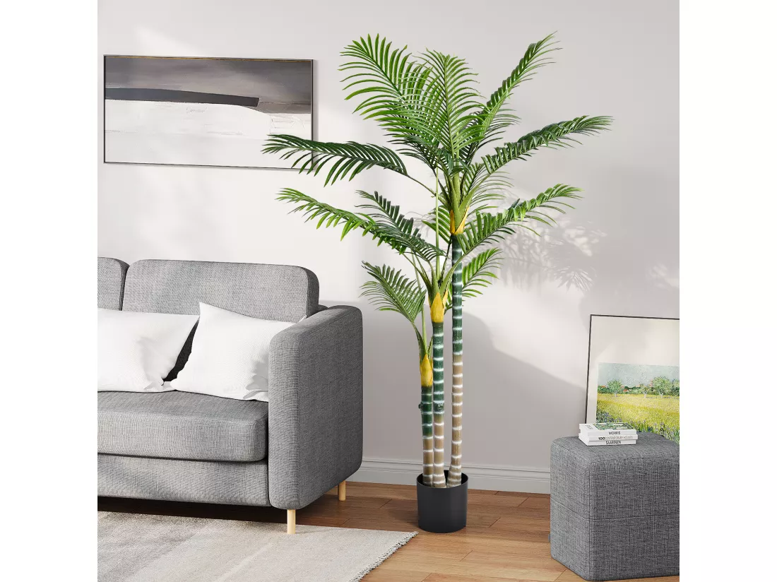 Plante Artificielle Extérieur avec pot, Arbre palmier 180cm, 3 tronc et 18 feuilles, Decoration Salon Chambre Balcon Cour Jardin Bureau