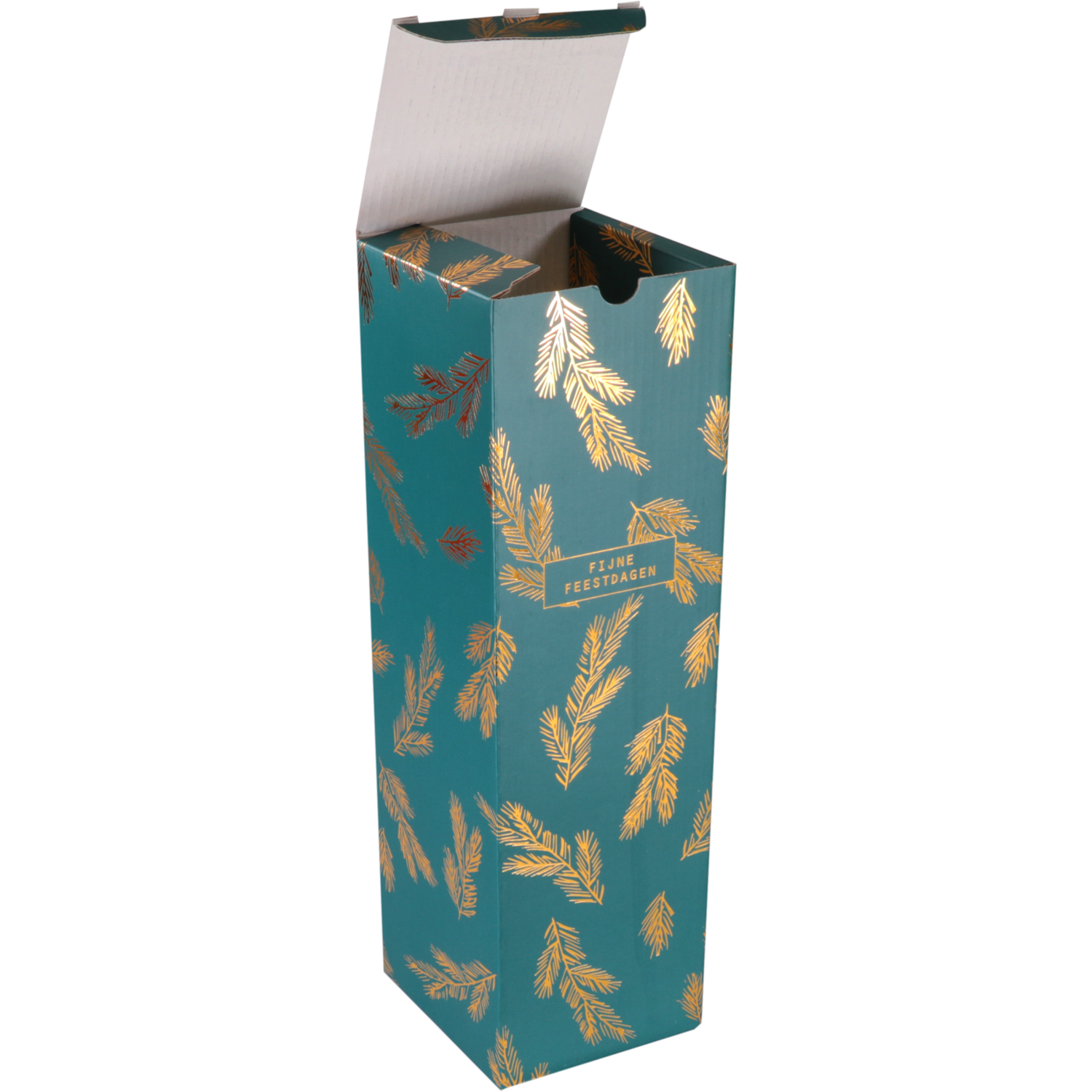 Flesdoos, Dennentakjes, karton + PE, 1 fles, 95x95x330mm, Kerstmis, groen/goud