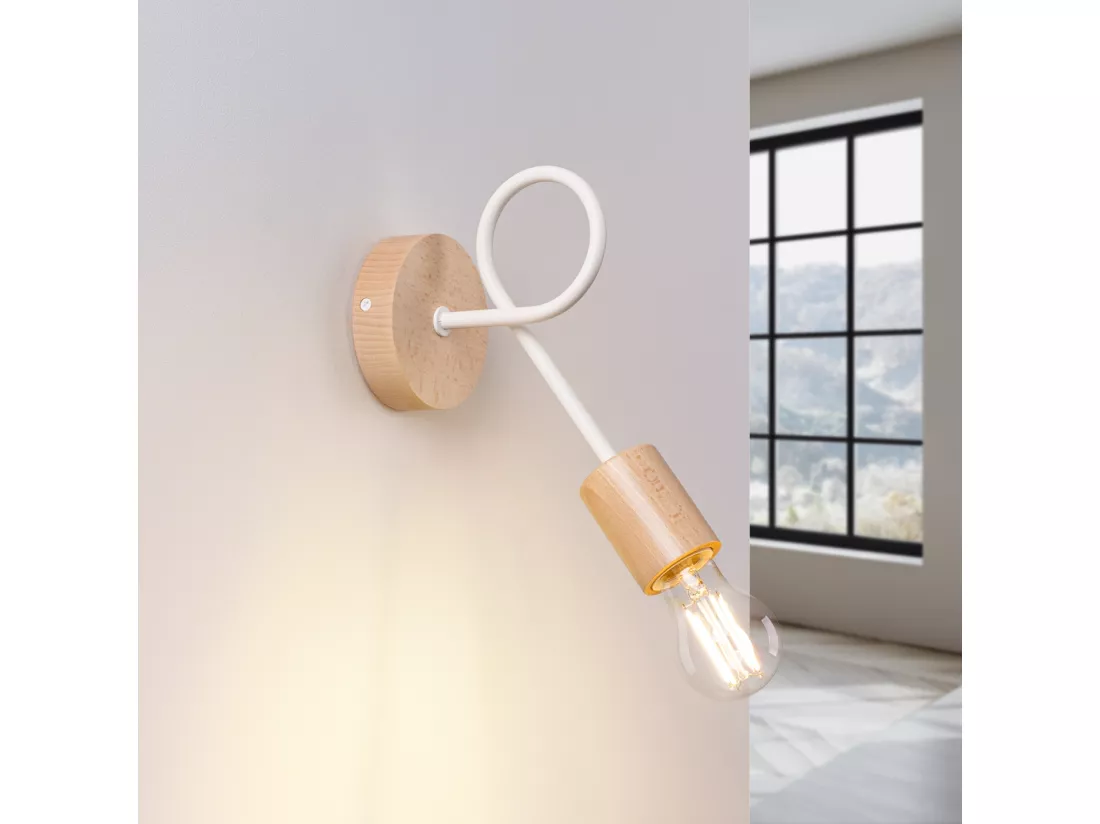 Applique Ember minimaliste en acier/bois - 1 sources lumineuses - L.10 x H.24 cm - blanc/bois naturel