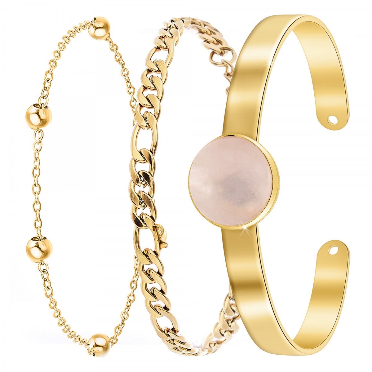 Lot de 3 bracelets SC Bohème en Laiton Finement doré orné d'un quartz rose