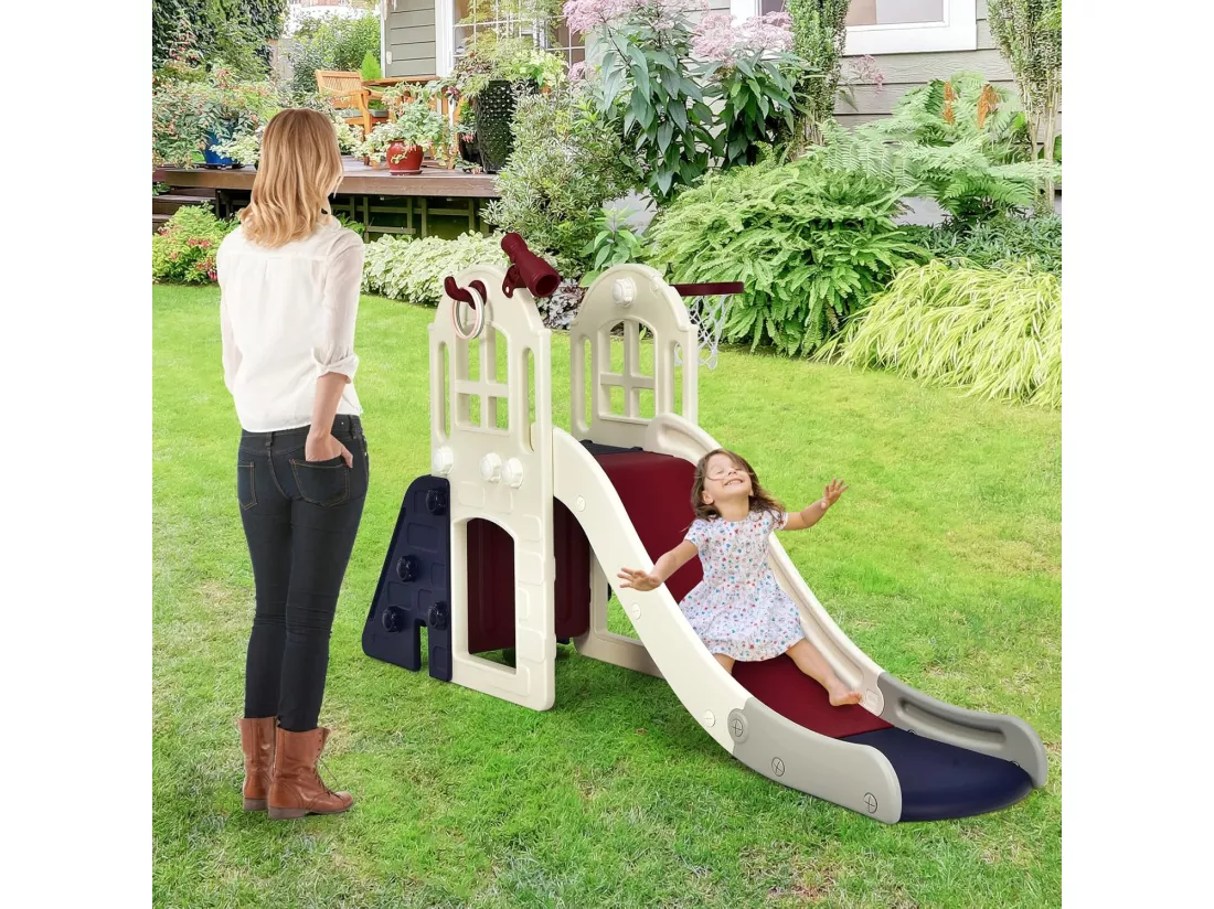 Toboggan 6 en 1 pour Enfant - Glisse de 140 CM - avec Panier de Basket, Escalade, Lancer d'Anneaux et Télescope,Toboggan Intérieure,Aire de Jeux Extérieure 3-8 Ans, Bleu