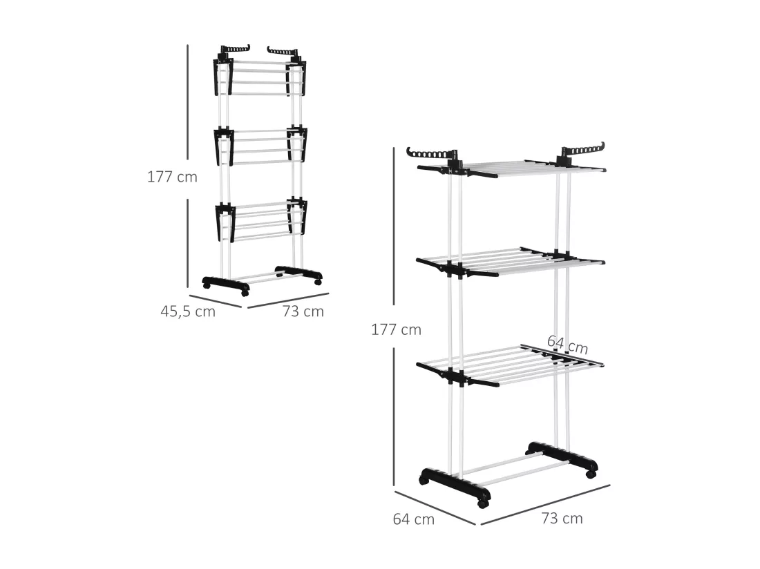Sechoir à linge étendoir pliable 3 niveaux 2 ailes latérales à cintres acier blanc PP noir