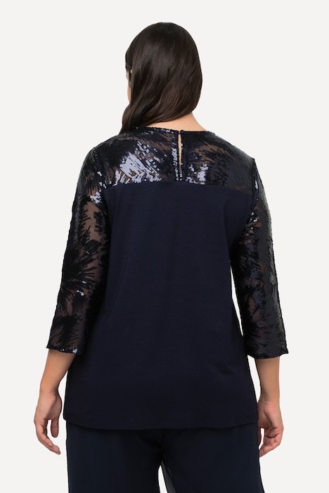 Shirtbluse, Pailletten, Stickerei, Rundhals, 3/4-Arm