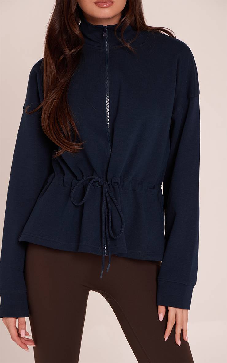 Bleu Marine Veste Zippée À Col Cheminée Et Basque En Jersey Interlock