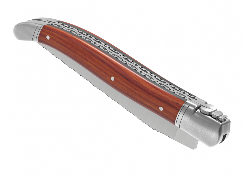 Couteau Laguiole prestige avec un manche en bois de rose et mitres en acier inoxydable