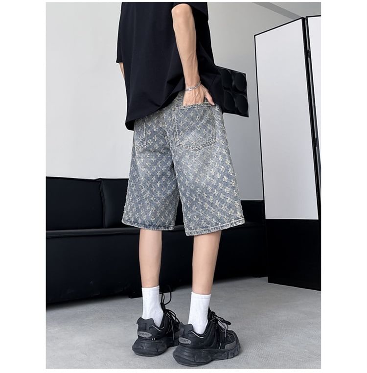Hushgrain - Mid Rise Jacquard Washed Wide Leg Denim Shorts