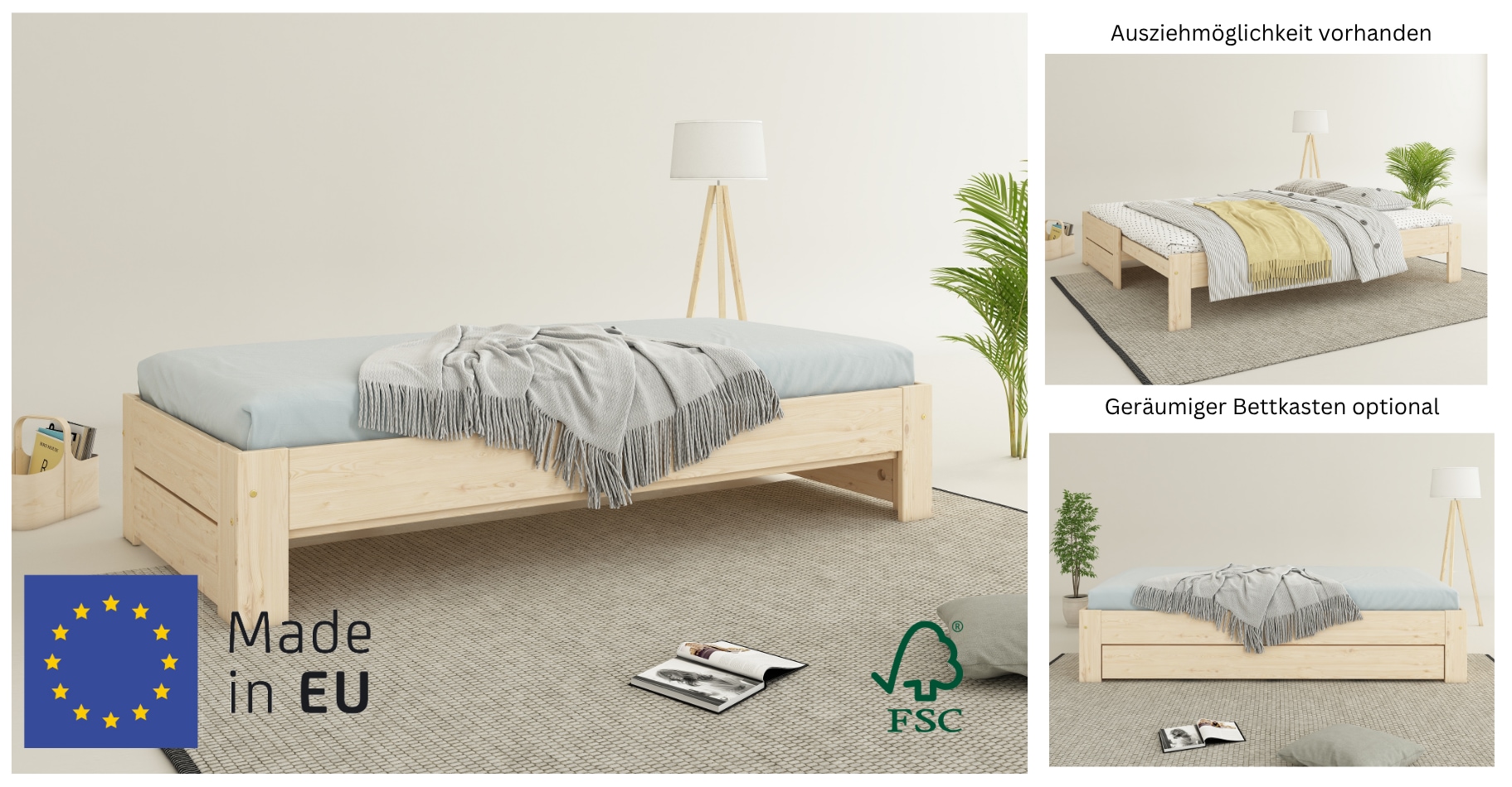 Home affaire Massivholzbett »Imme, ausziehbar 90cm-180cm, ideal für Schlafbesuch, mit Lattenrost« Liegefläche 2x 90x200cm,  Massive Kiefer, Schubkasten optional, Belastbarkeit 180 KG