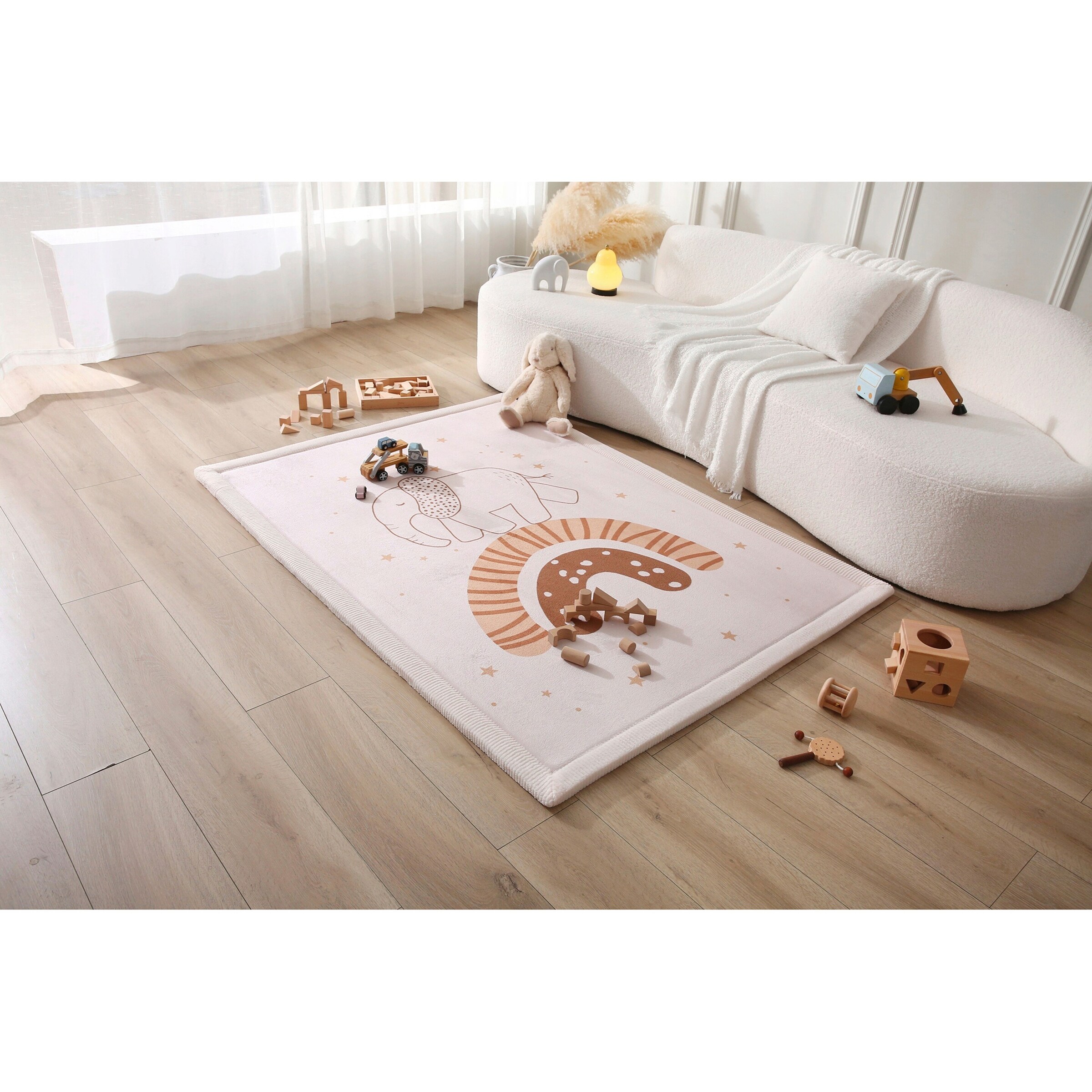 Hakuna Matte Kinderteppich mit Memory-Schaum 120x170 beige / Regenbogen Elefant