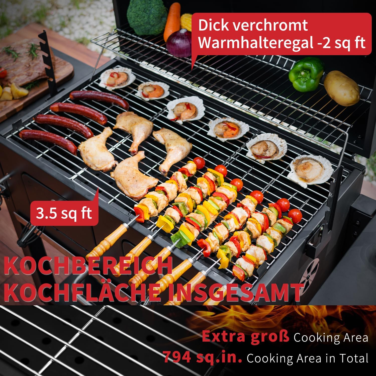 Grillwagen XXL Holzkohlegrill mit Deckel, BBQ Smoker Grill Rädern, Edelstahl-Griff, Grillrost und Thermometer, Standgrill, Kohlegrillwagen 154.5 x 89 x 122 cm