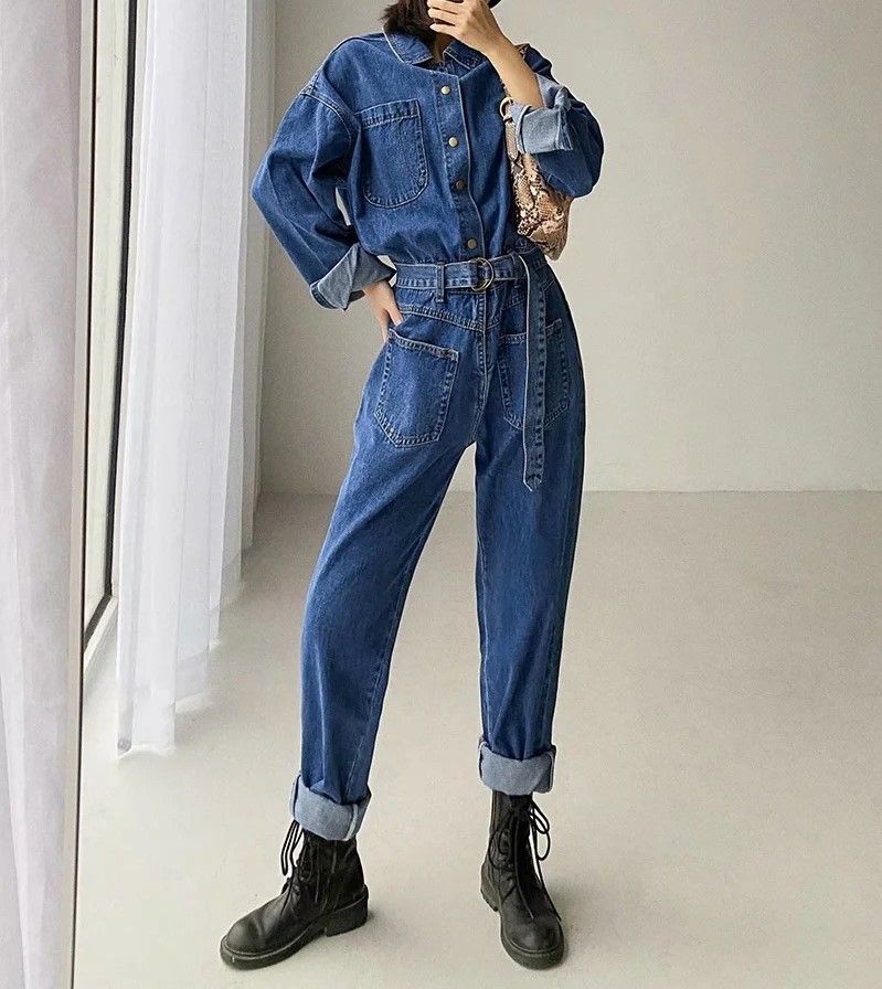 Reknovine - Denim jumpsuit met lange mouwen en riem
