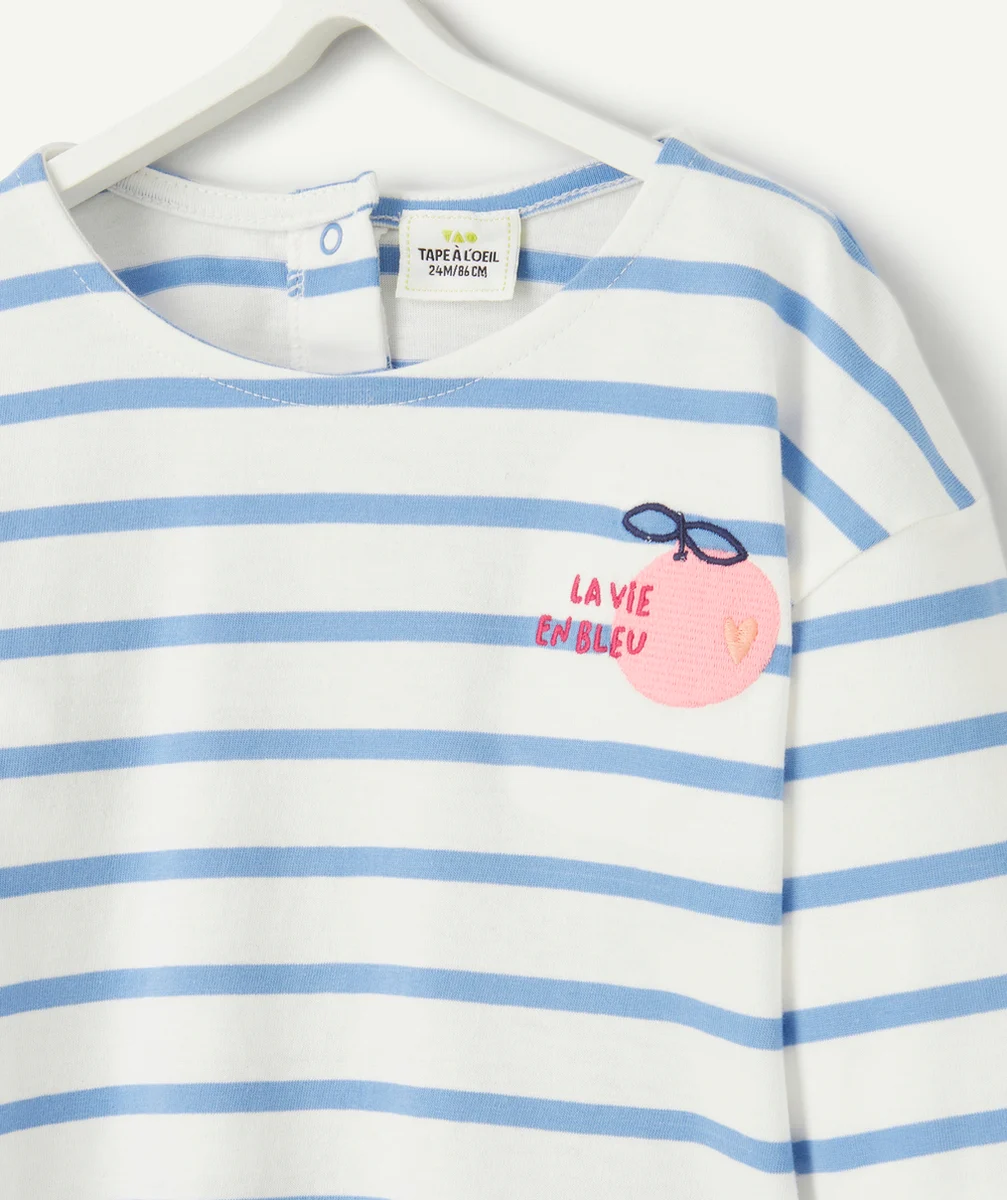 T-SHIRT BÉBÉ FILLE EN COTON BIO IMPRIMÉ À RAYURES BLEUES AVEC MOTIF FRUIT