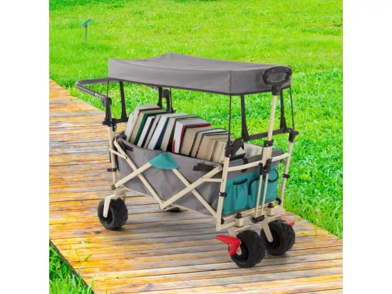 Chariot de plage camping 4 roues avec freins capacité 100kg toit GREEN