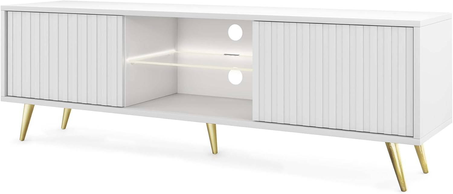 Selsey TV Schrank Board Sideboard Fernsehtisch Fernsehschrank Mit Lamellen 135 cm Goldene Beine Weiß Bello
