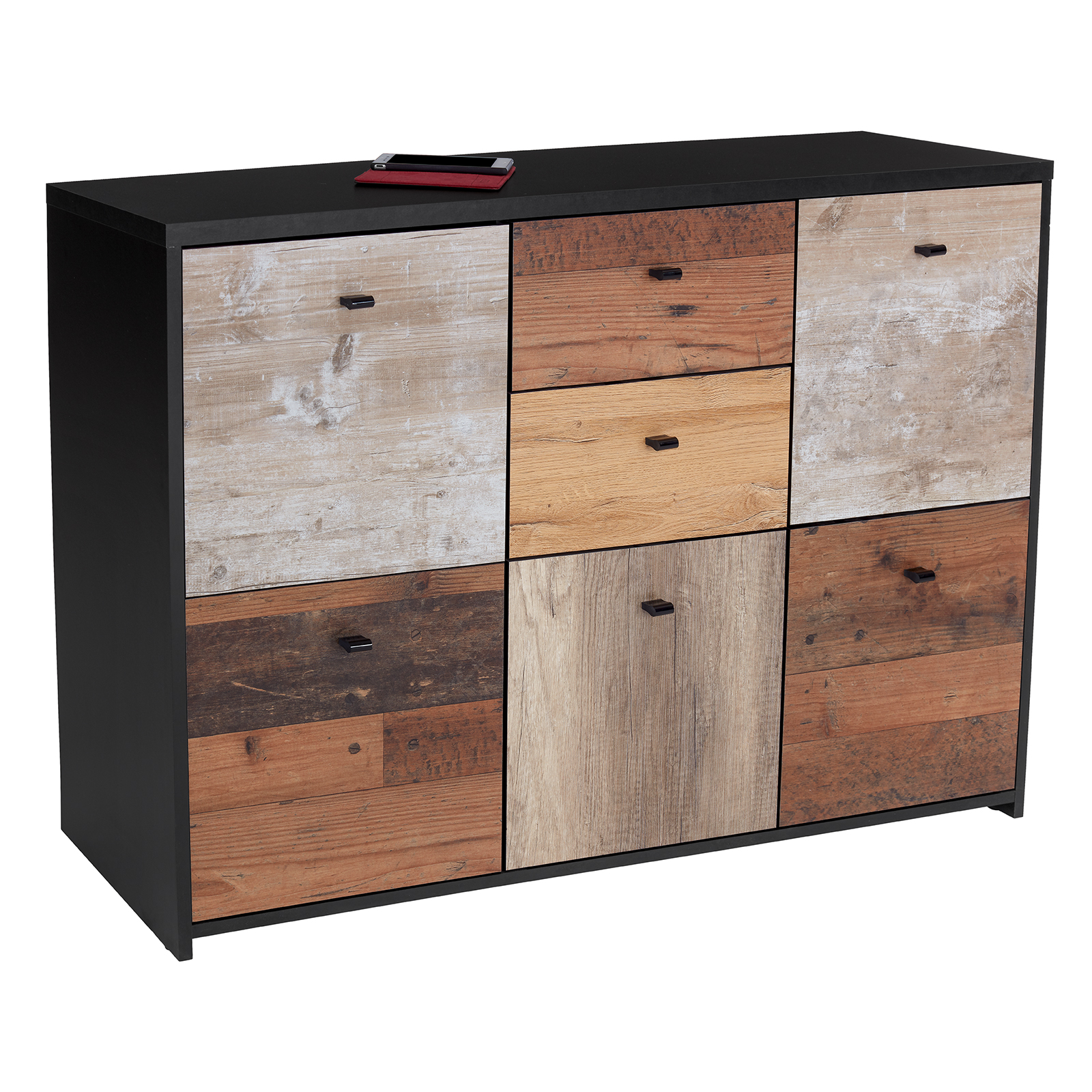 Kommode - Eiche-Pinie-schwarz - 114 cm breit