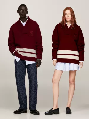 Suéter de críquete grande e oversized com gola xale alta, unissex.