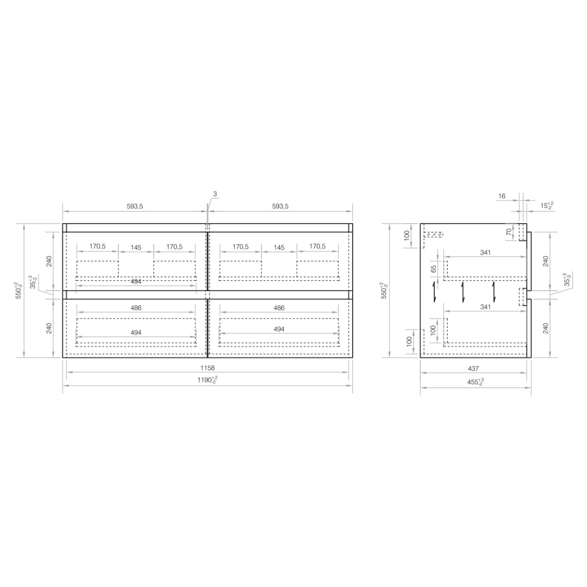 Differnz Reno meubelset 2 kraangaten 120cm eiken licht