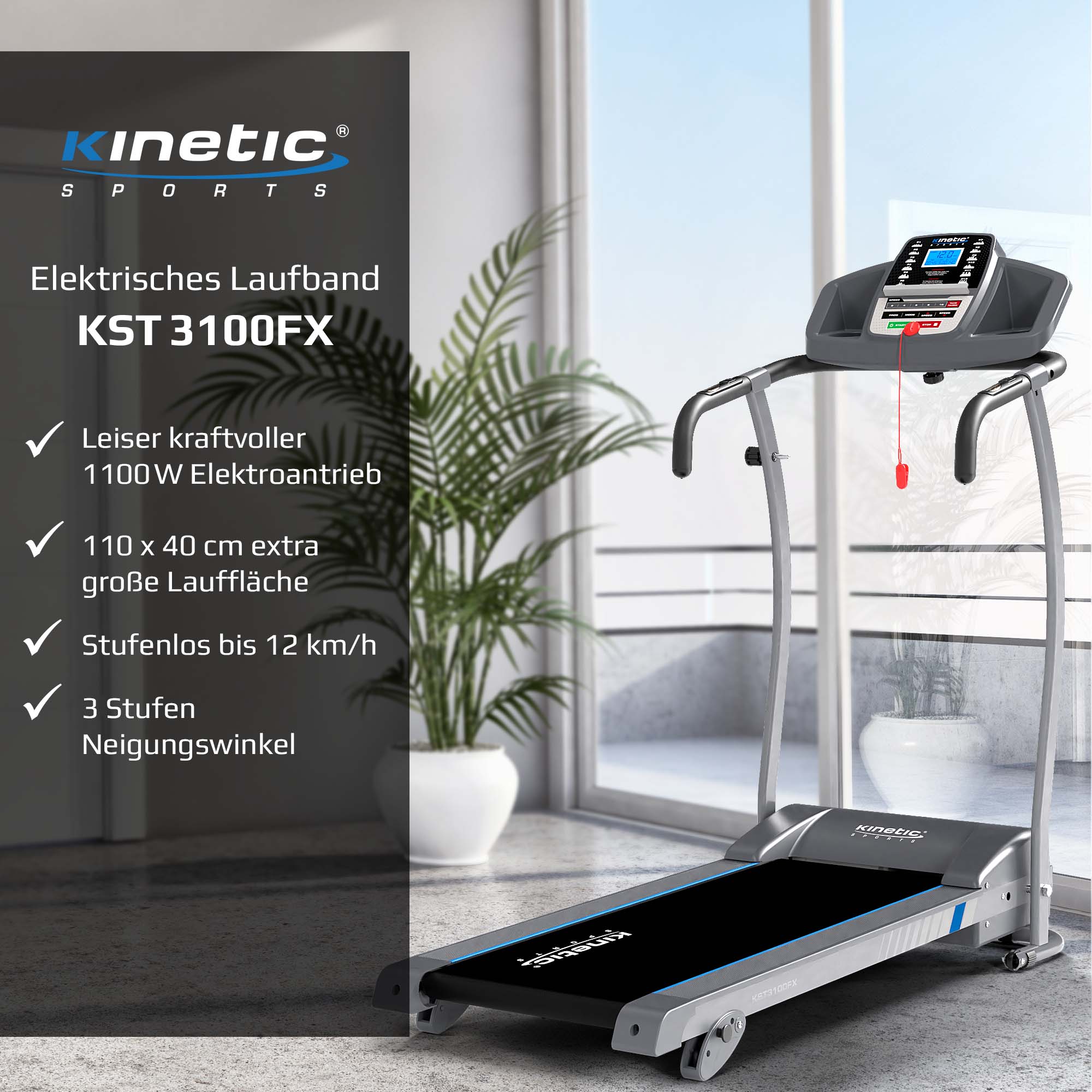 KINETIC SPORTS Laufband KST3100FX mit 1100 Watt leiser Elektromotor - Stufenlos bis 12 km/h, 12 Programme für Geh- und Lauftraining, Tablethalterung mit LCD-Display, max. Belastung 125 kg | Standard