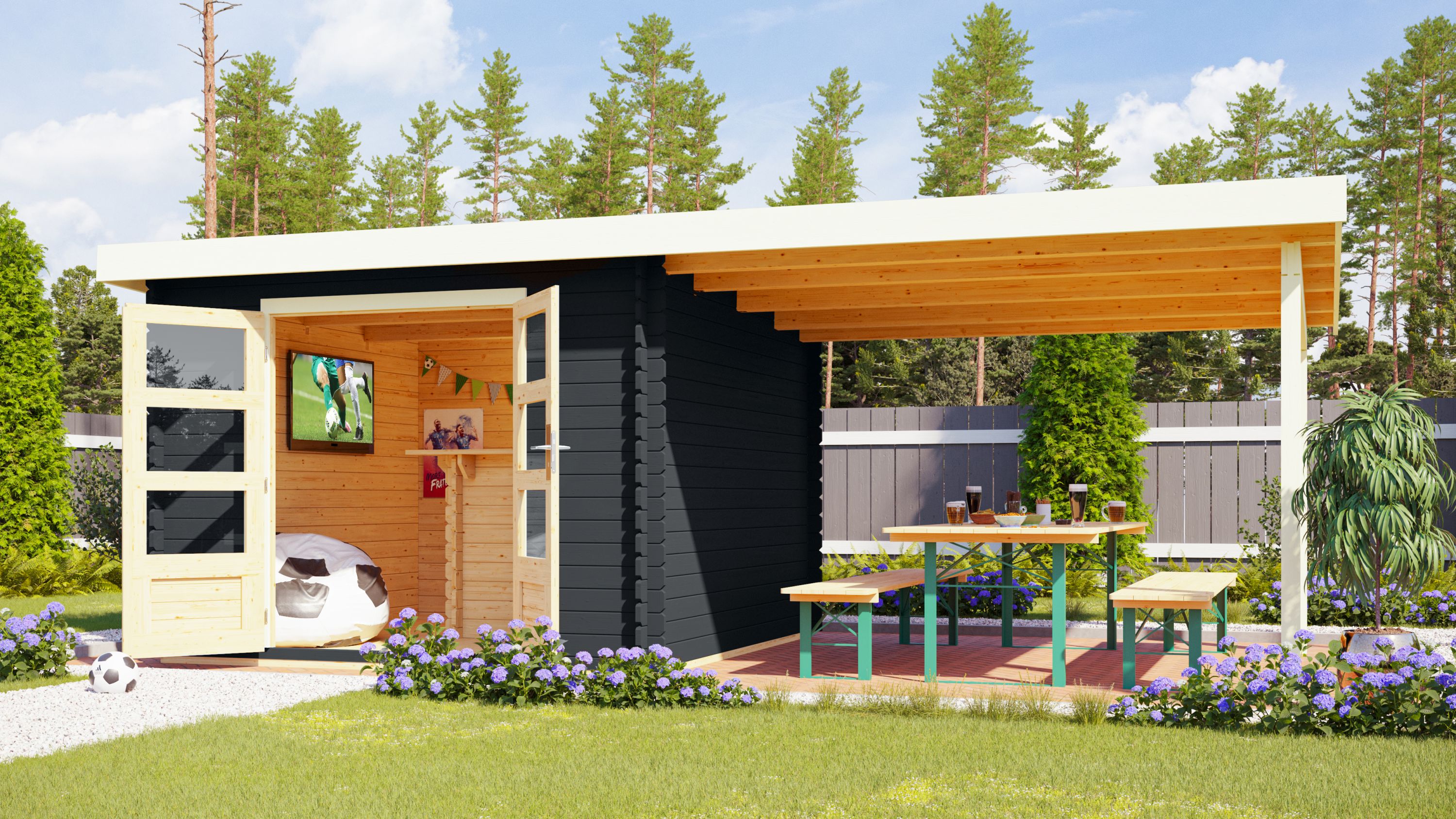 Karibu Gartenhaus San Antonio mit Anbaudach beidseitig anbringbar 3m und Fußboden im Set anthrazit