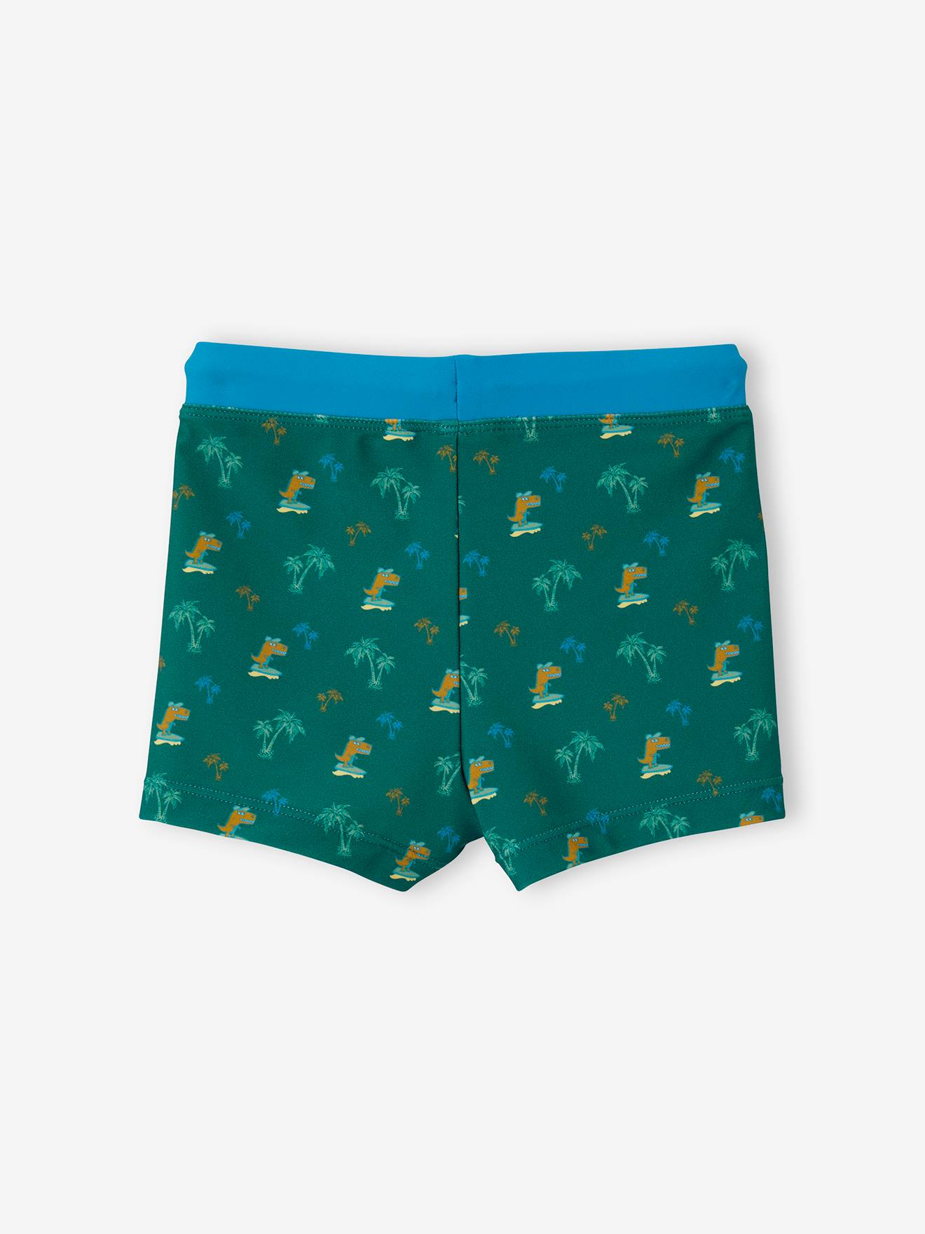 Calção de banho boxer infantil verde-escuro com estampa de ilha e dinossauro.