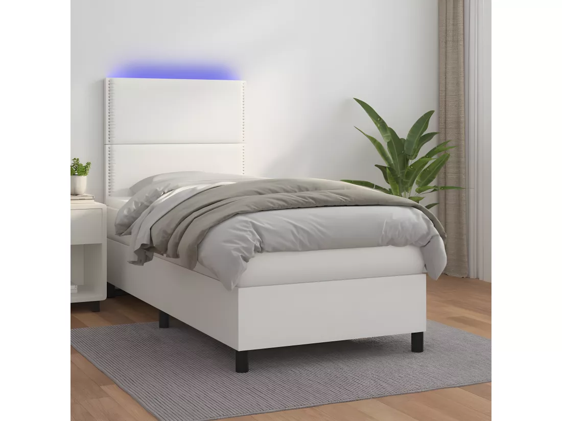 Sommier tapissier et matelas et LED Blanc 100x200 cm Similicuir